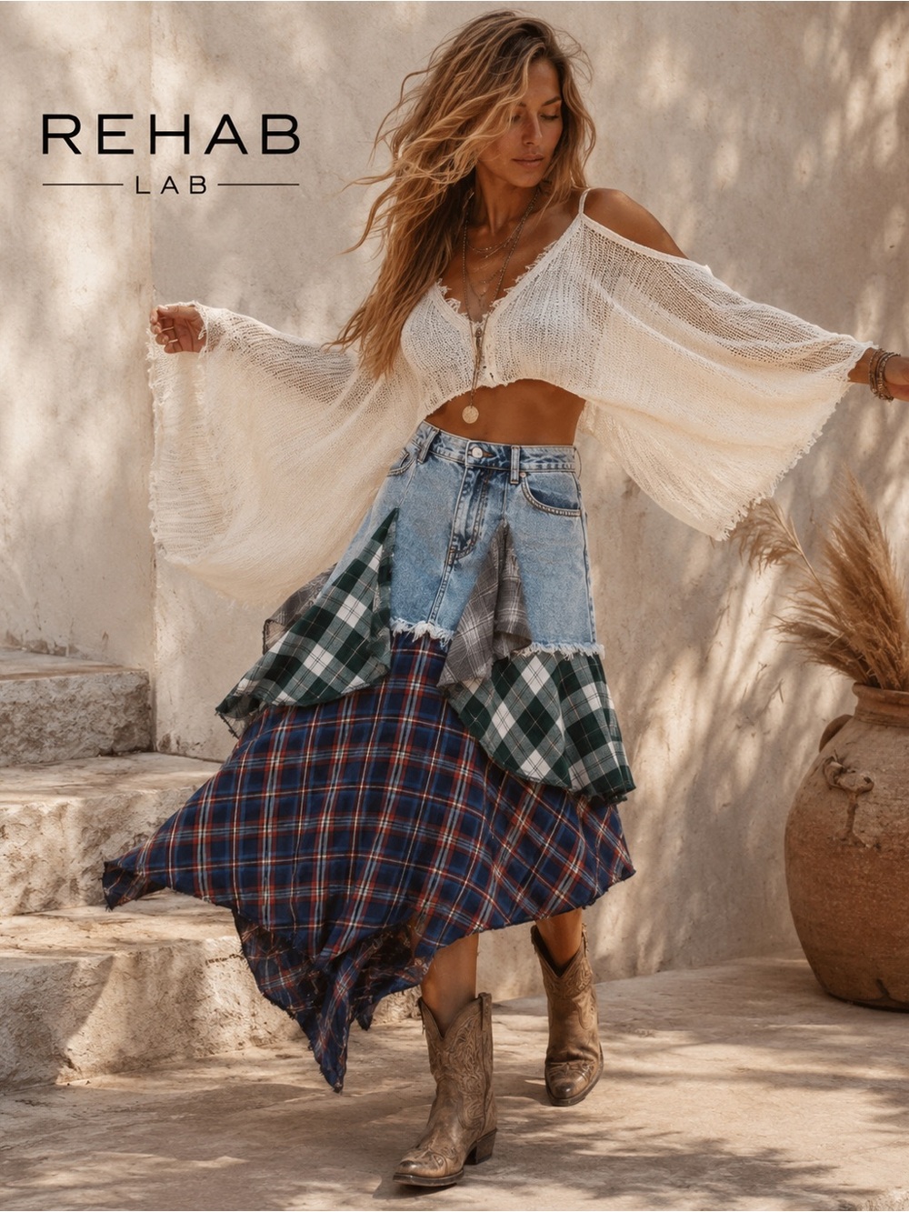 REHAB LAB Patchwork Plaid Denim Maxi Skirt Grunge Y2K Avant Asymmetrical Size M